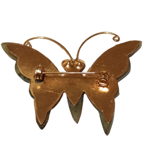 Vintage 70s Nephrite Jade Butterfly Brooch Pin EUC - Picture 3 of 7
